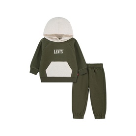 Levi's Olive Night baby hoodie and jogger set with cream colour-block hood and kangaroo pocket
