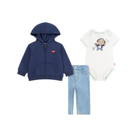 Levi's Baby Naval Academy 3-piece set: navy zip hoodie, graphic bodysuit, and light wash jeans