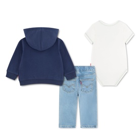 Levi's baby set in Naval Academy: navy zip-up hoodie, white short-sleeve bodysuit, and light blue denim jeans, shown flat lay.