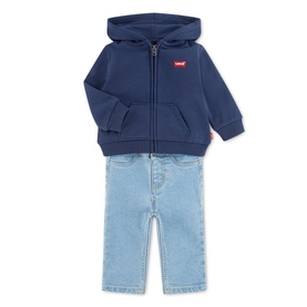 Levi's baby navy zip-up hoodie and light blue jeans two-piece set in Naval Academy, with red Levi's logo tab