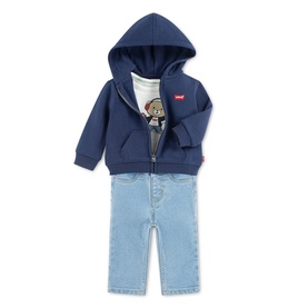 Levi's Naval Academy baby set with navy zip-up hoodie, bear graphic tee, and light wash denim jeans