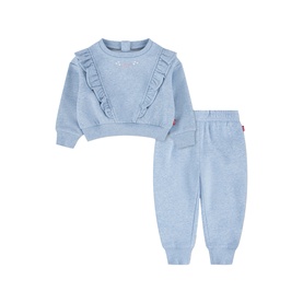 Levi's baby set in Skyway Heather blue, featuring ruffle-trim sweatshirt with floral detail and elasticated jogger trousers.