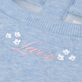 Levis baby set in Skyway Heather blue with floral and script logo embroidery detail, knit texture visible.