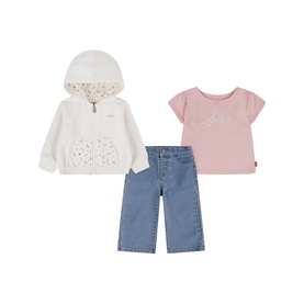Levi's powder pink baby set with floral-lined zip-up hoodie, pink logo tee, and wide-leg denim jeans
