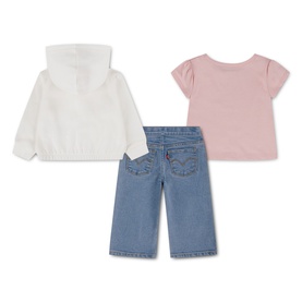 Levi's powder pink baby 3-piece set with white hoodie, pink tee, and blue wide-leg jeans, shown flat lay