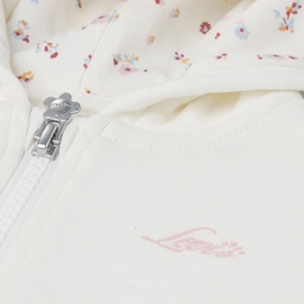 Levi's baby powder pink zip-up hoodie with floral lining detail, silver zip, and embroidered logo close-up