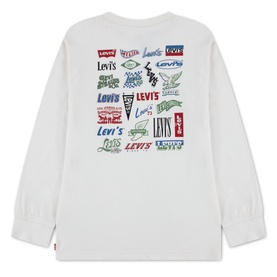 Levi's Egret long-sleeve T-shirt, back view, white with multicoloured repeat logo print across back and chest pocket