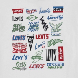Levi's Egret children's T-shirt, close-up of graphic print featuring multiple Levi's logo designs in red, blue and green on white