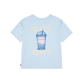 Levi's children's Angel Falls blue T-shirt, back view with boba drink graphic and "More Bubbles Less Troubles" slogan print.