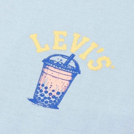 Levi's children's T-shirt in Angel Falls blue, close-up of boba tea graphic print with yellow Levi's logo text