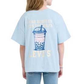 Model wearing Levi's children's angel falls blue oversized T-shirt, boba tea graphic and logo print to back, styled with jeans.
