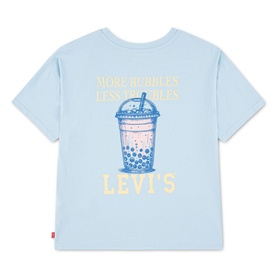 Levi's children's Angel Falls blue T-shirt, back view with boba tea graphic and "More Bubbles Less Troubles" slogan print