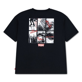Levi's children's Jet Black T-shirt back view, featuring a grid of urban skateboarding photo prints and red Levi's logo tab.