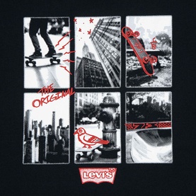 Levi's children's Jet Black T-shirt graphic detail featuring skateboarding and urban city photography print with red logo