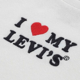 Levi's children's T-shirt in Egret white, close-up of embroidered "I Love My Levi's" slogan with red heart detail