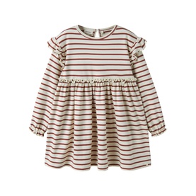 Lil Atelier Turtledove stripe dress with ruffle trim, long sleeves, smocked waist, and keyhole back