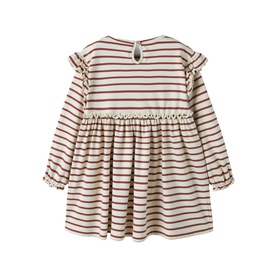 Lil Atelier turtledove striped dress with frill shoulders, lace-trim waist, long sleeves, and button back detail