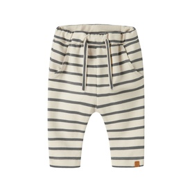 Lil Atelier baby trousers in Turtledove with dark grey stripes, elasticated drawstring waist, and small branded tab at hem