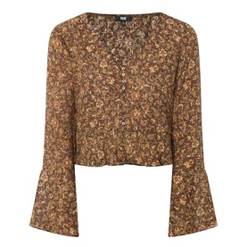 Paige blouse in Hickory Multi floral print, 95% silk, with flared sleeves, button-front placket, and relaxed cropped silhouette.