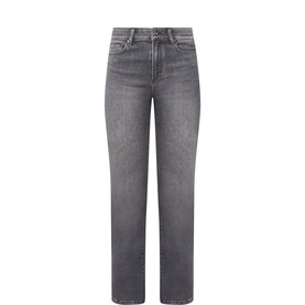 Paige Flare jeans in Malibu Mist grey wash, high-rise waist, straight leg, five-pocket styling in cotton blend denim
