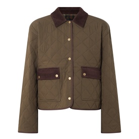 Paige quilted jacket in Fern with brown corduroy collar and patch pockets, gold snap button fastening