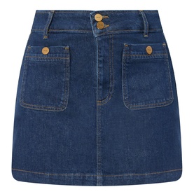 Paige Janelle Denim Mini Skirt in Teatro dark wash, two patch pockets, double gold-tone button closure and contrast stitching