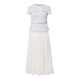 Self-Portrait blue tweed-top midi dress with short sleeves, gold buttons, belted waist and pleated skirt
