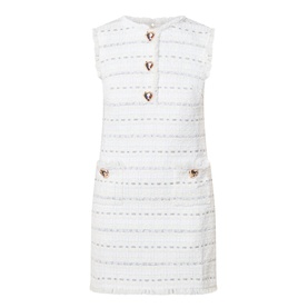 Self-Portrait white cotton tweed mini dress with horizontal stripe texture, rose gold heart-shaped buttons at neckline and pockets
