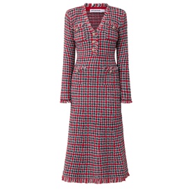 Self-Portrait Red Check Knit Dress in tweed-style cotton blend, featuring V-neckline, button detail, patch pockets, and frayed hem trim