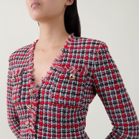 Model wearing Self-Portrait Red Check Knit Dress, close-up detail showing tweed texture, fringe trim and gold button fastening.
