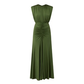 Self-Portrait olive maxi dress with sleeveless design, ruched centre detail, and flared skirt in stretch viscose blend