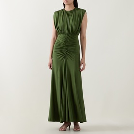 Model wearing Self-Portrait olive maxi dress with ruched waist detail, cap sleeves, and flared skirt in draped jersey fabric.