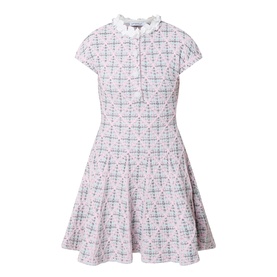 Self-Portrait Pink Checked Knit Dress with white lace collar, cap sleeves, and fit-and-flare silhouette
