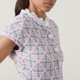 Model wearing Self-Portrait Pink Checked Knit Dress, close-up showing diamond-pattern tweed texture with white ruffle collar detail.