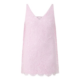 Self-Portrait pink lace sequin mini dress with V-neckline, sleeveless design, and scalloped hem. No model.