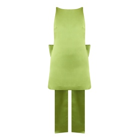 Model wearing Self-Portrait green sleeveless dress with matching wide-leg trousers, rear view, full-length silhouette in lime green polyester.