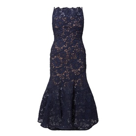 Self-Portrait navy lace strapless mermaid midi dress with floral overlay and scalloped neckline