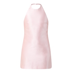 Self-Portrait pink halterneck mini dress in satin-finish polyester with open back and fitted silhouette.