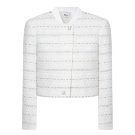 Self-Portrait white cotton tweed jacket with silver stripe detail, collarless neckline, and snap-button fastening