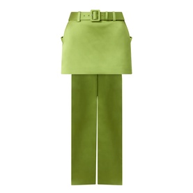 Self-Portrait green satin mini skirt with matching belt and wide-leg trousers, styled as a coordinated set in lime green polyester