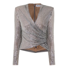 Self-Portrait grey embellished wrap top with long sleeves, deep V-neckline, and all-over silver sequin mesh fabric