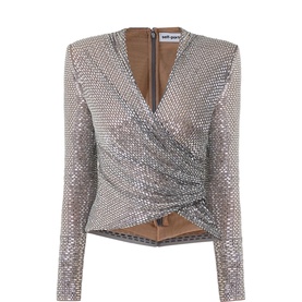 Rhinestone Mesh Wrap Blouse