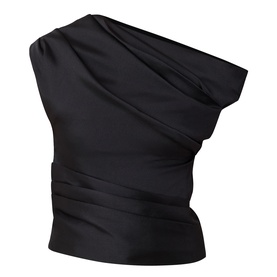 Self-Portrait black one-shoulder ruched satin top with asymmetric neckline and fitted waist
