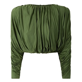 Self-Portrait green off-shoulder cropped top with ruched long sleeves and gathered drape detail in stretch viscose blend