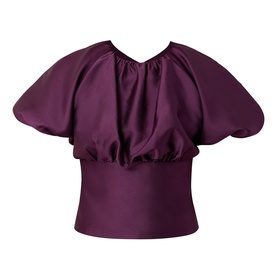 Self-Portrait purple puff-sleeve top with gathered elasticated waist and V-back neckline, 100% polyester
