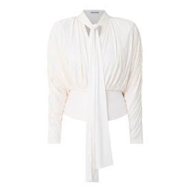 Self-Portrait cream draped top with tie-neck detail, long sleeves, and ruched bodice in viscose blend