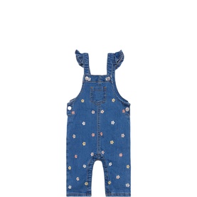 Street Monkey baby dungaree in med denim with flutter straps, floral embroidery, and button-front detail