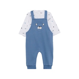 Street Monkey dark blue baby 2-piece set with bear dungarees and white long-sleeve bodysuit with animal print