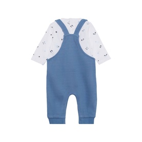 Street Monkey dark blue 2-piece baby set with panda-print white long-sleeve bodysuit and blue dungarees, back view.