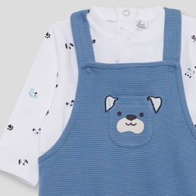 Street Monkey dark blue ribbed dungaree and white panda-print bodysuit 2-piece baby set with bear appliqu&eacute; pocket